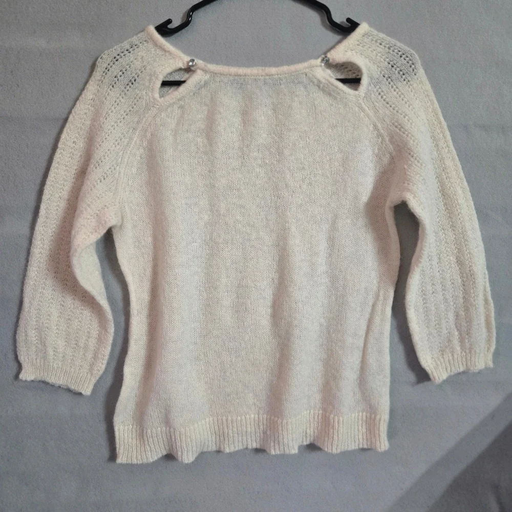 Cream Knit Shoulder Cut Out Sweater Boat Neck Raglan 3/4 Sleeve‎ Ivory Pullover